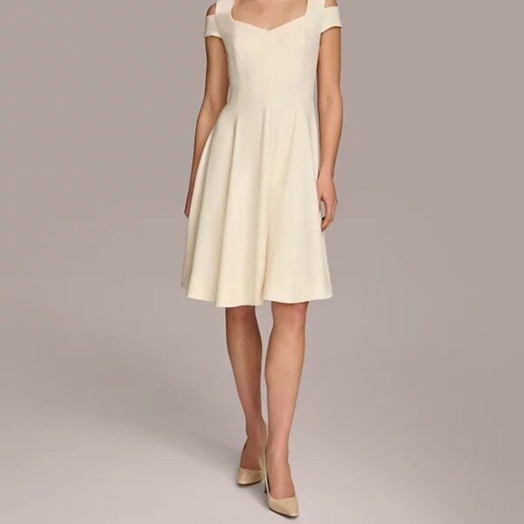 Donna Karan Women\'s Cold-Shoulder Fit & Flare Dress Cream Size 10